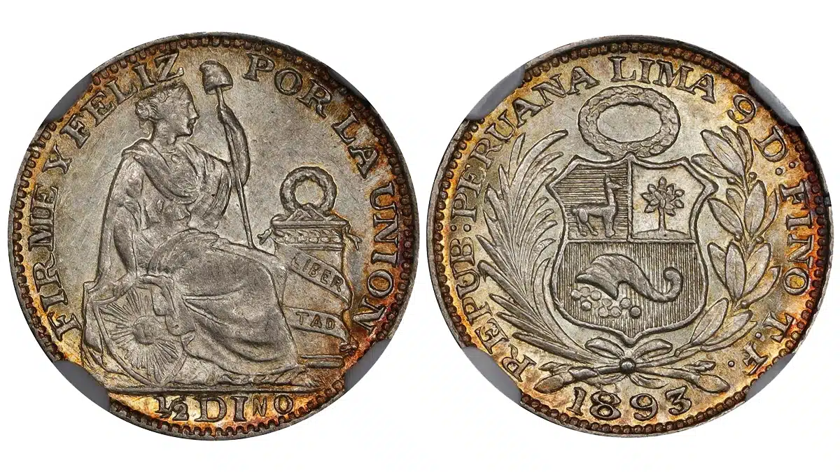 1893 Peru 1/2 Dineru coin. This example was sold by Stack's Bowers in September 2023 for $384.