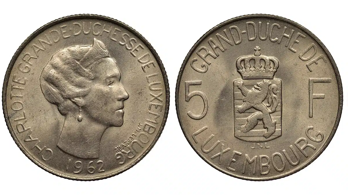 This 1962 Luxembourg 5 Francs is an affordable coin from the small European country. Image: Adobe Stock.