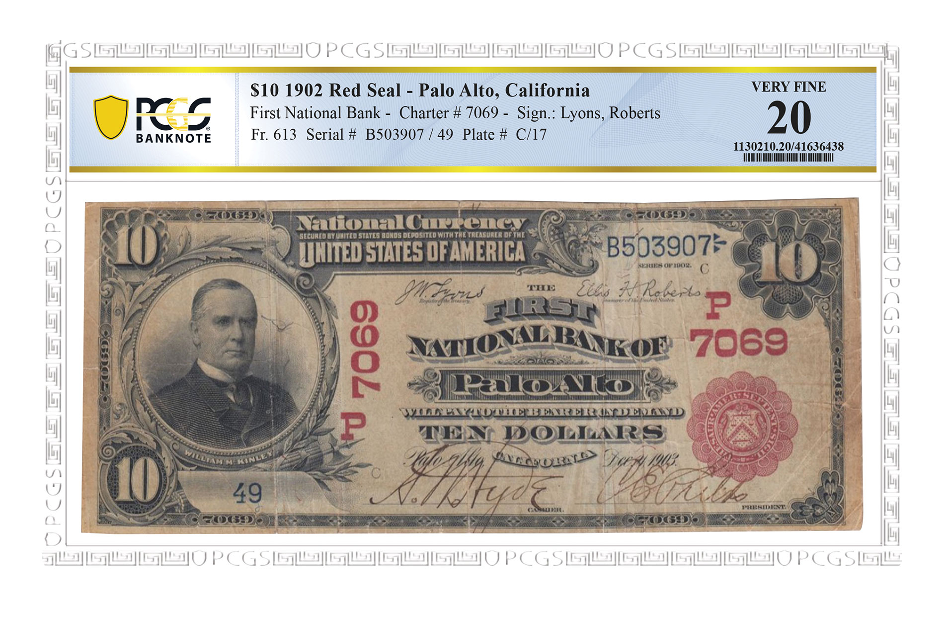 1902 $10 Red Seal – Palo Alto, California, First National Bank Charter #7069, PCGS VF20. Image courtesy PCGS.