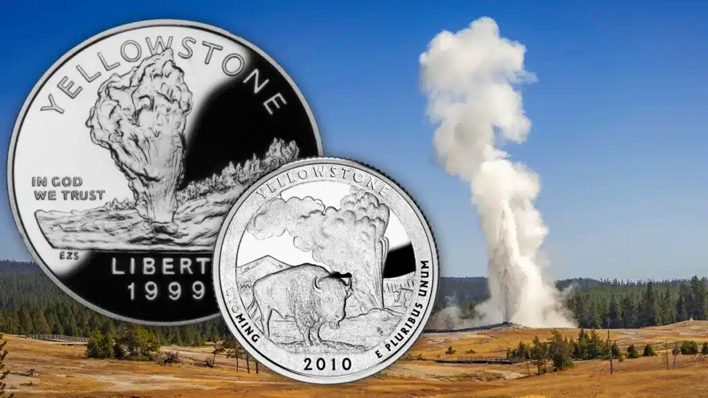 Yellowstone National Park's Old Faithful as depicting on two United States Mint coins.