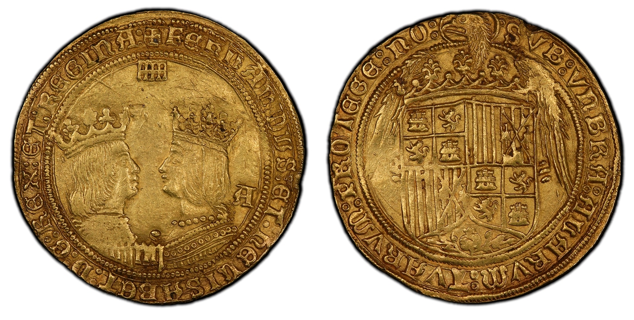 SPAIN. Ferdinand and Isabella. (King and Queen, 1475-1504). (1474-1504)-(Aqueduct) AV 4 Excelentes. PCGS MS62. Atlas Numismatics