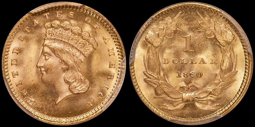 1860 Gold $1.00 PCGS MS67 CAC. Images courtesy Doug Winter