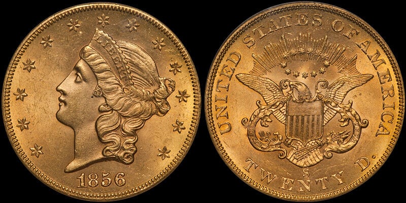 1856-S $20 PCGS MS63 CAC. Images courtesy Doug Winter