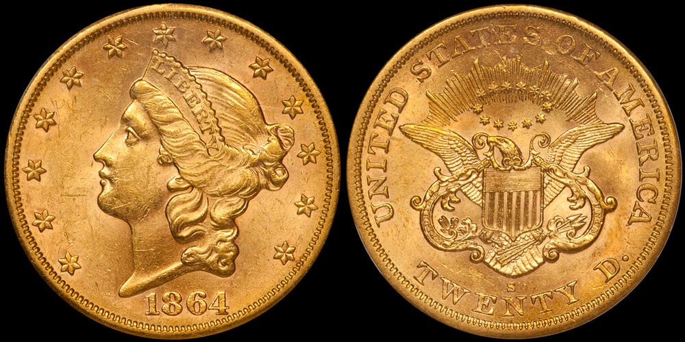1864-S $20.00 PCGS MS62. Images courtesy Doug Winter