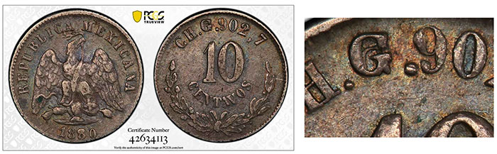 PCGS New World Coin Variety Report October 2021 - Mexico 1880-CH G/G 10 Centavos Large G Over Small G PCGS XF45.