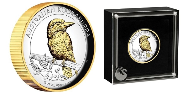 Perth Mint Coins - Australian Kookaburra 2021 2oz Silver Proof High Relief Gilded Coin