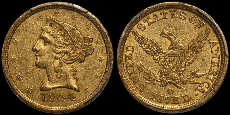 An 1844-O $5.00 in PCGS AU55 CAC, courtesy Douglas Winter Numismatics (DWN)