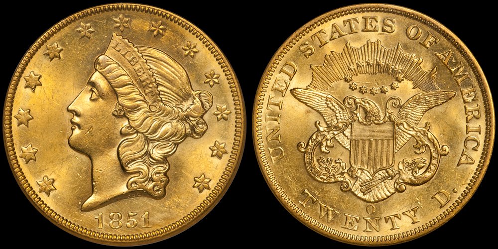 1851-O $20.00 PCGS MS62, as photographed for Doug Winter's <em>Gold Coins of the New Orleans Mint</em> book