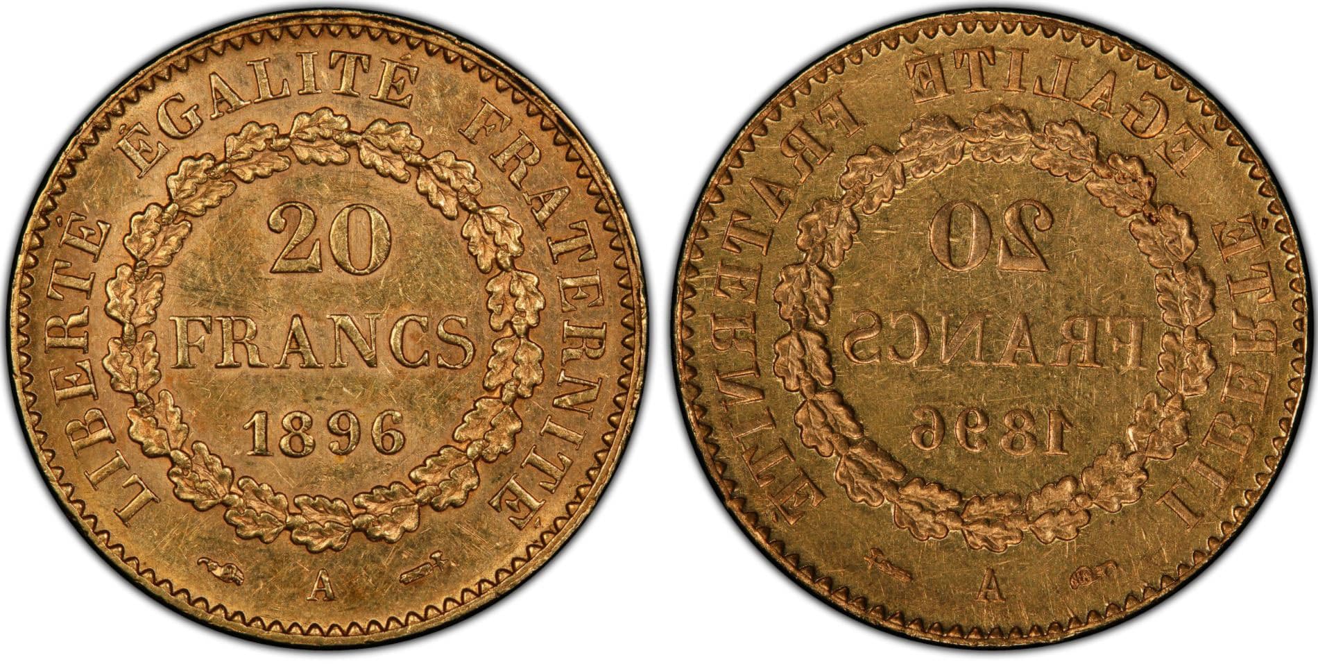 France 1896-A 20 Francs Faisceau privy Gad-1063, Full Brockage Reverse Mint Error, PCGS AU58. Courtesy of PCGS TrueView