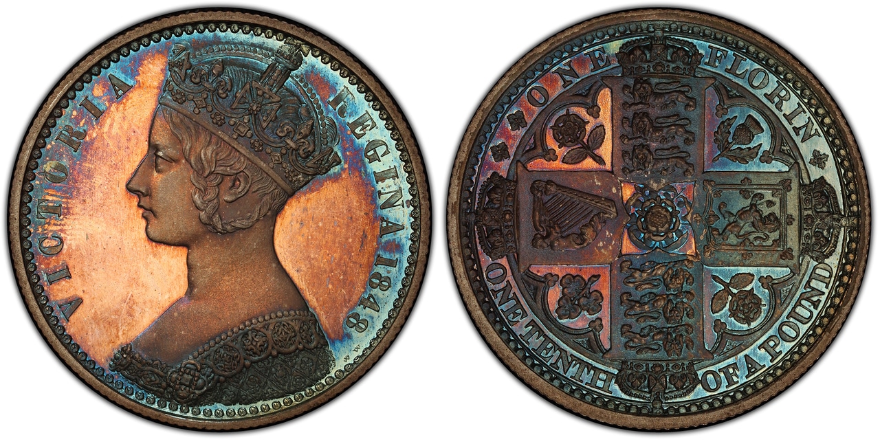 Inglaterra. Victoria.  (Reina, 1837-1901).  1848 Diaxis 6H (Coin Axis) Patrón AR Florín, 2 chelines.  PCGS PR66 + camafeo.Atlas Numismática