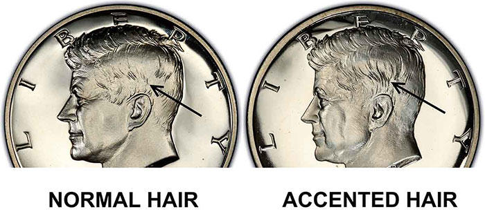 Comparación de un medio dólar Kennedy a prueba de cabello acentuado de 1964 con otro diseño de cabello normal.  Imagen: PCGS.