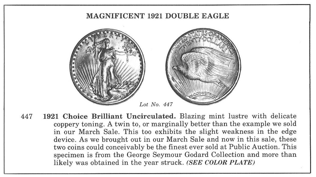 Stack's lot listing of the 1921 Saint-Gaudens double eagle from Auction '82.