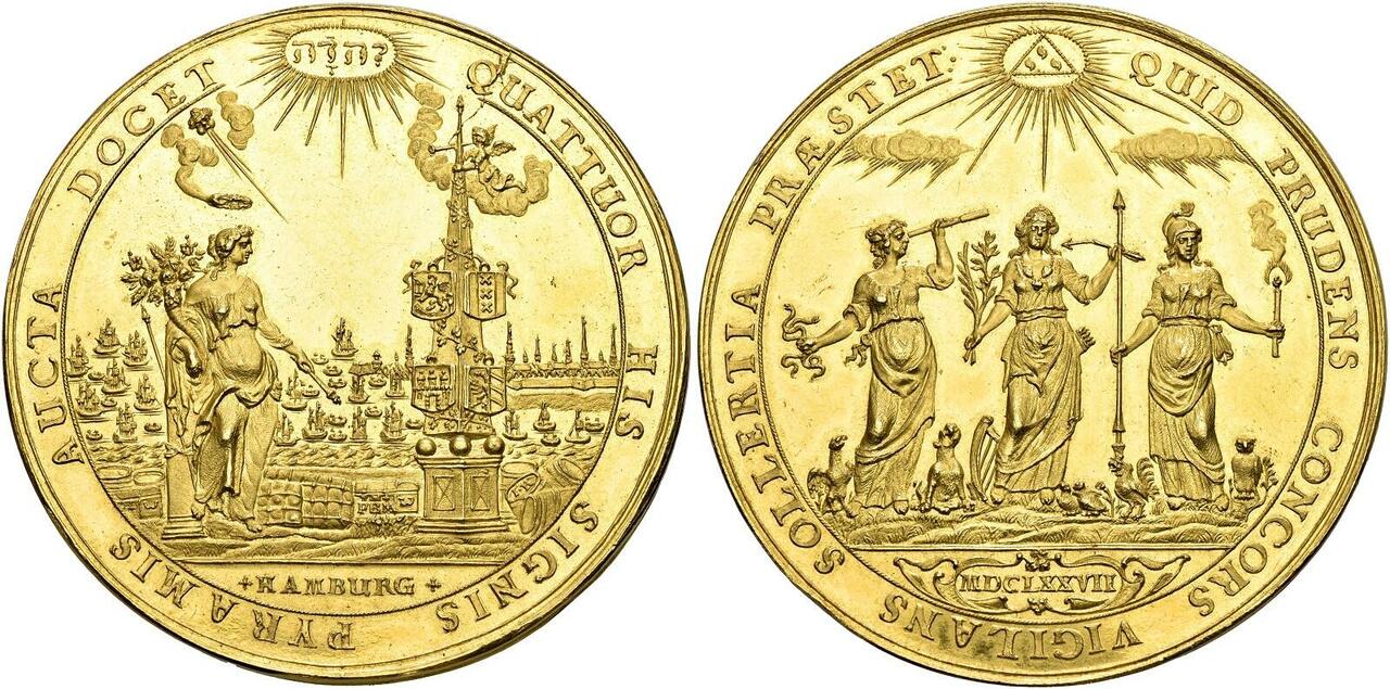 GERMAN STATES. Hamburg. 1677 HL AV 10 Ducats Medal (Bankportugalöser). NGC MS63+PL (Prooflike). Atlas Numismatics