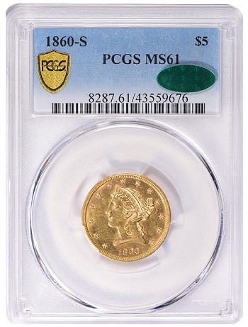 GreatCollections Offering Second-Finest 1860-S No Motto Half Eagle