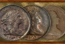 1807 Draped Bust Half Cents in various states of wear.