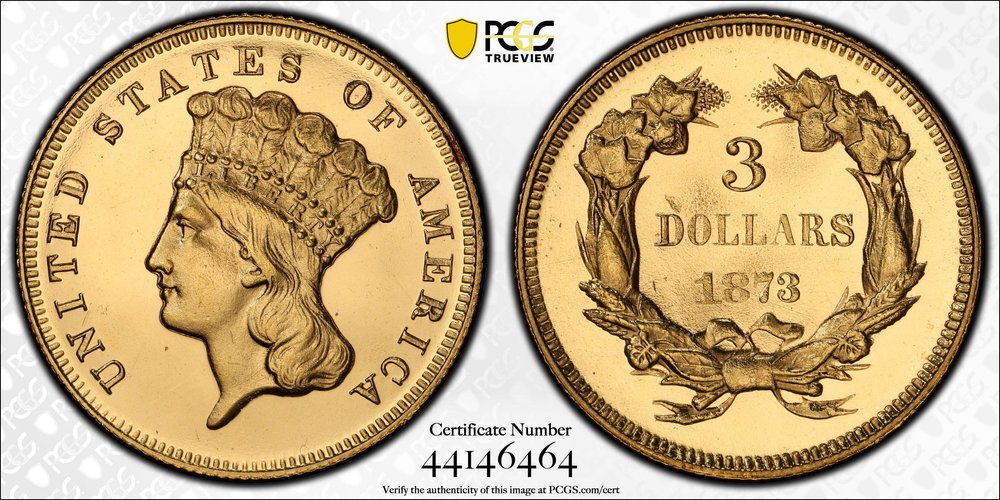 LOT 3105, HUBERMAN COLLECTION, DISHED 1873 CLOSED 3 PCGS PR65