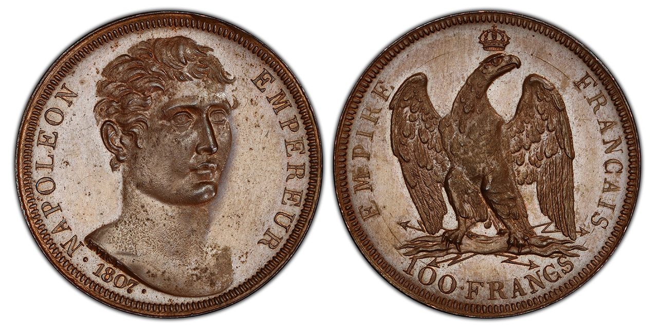 FRANCE. Napoleon. (Emperor, 1804-1814). 1807 AE Pattern 100 Francs. PCGS SP65BN (Brown). Atlas Numismatics