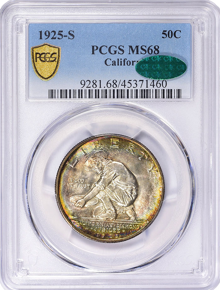 CAC-approved 1925-S California Diamond Jubilee Half Dollar graded MS68 by PCGS.