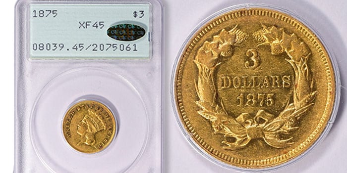 Rare Proof 1875 $3 Gold Offered by GreatCollections