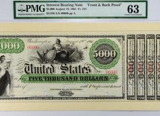 Choice Uncirculated Proof 1861 $5,000 Interest Bearing Note Sells at GreatCollections