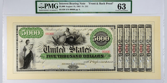 Choice Uncirculated Proof 1861 $5,000 Interest Bearing Note Sells at GreatCollections