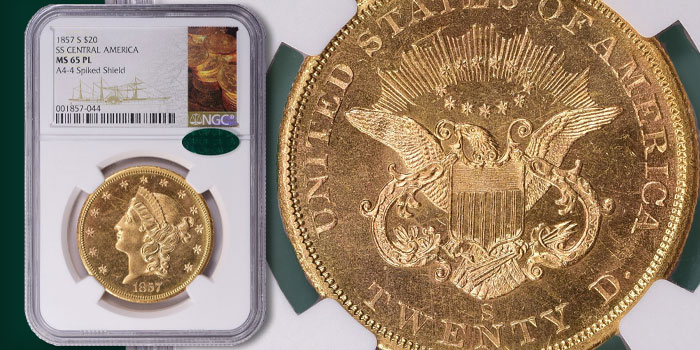 Gem Prooflike Central America 1857-S Double Eagle Sells at GreatCollections