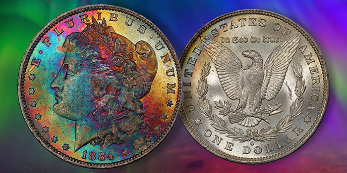 Rainbow Toned 1884-O Morgan Dollar Offered by GreatCollections