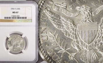 Rare Superb Gem 1901-S Barber Quarter Offered by GreatCollections