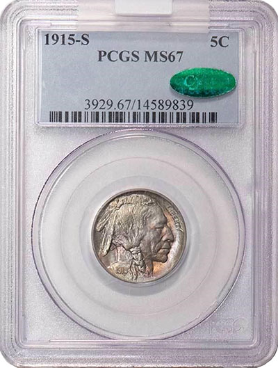 1915-S nickel graded MS67 by PCGS and sold by Legend Rare Coin Auctions in 12/19 for $55,812.50.