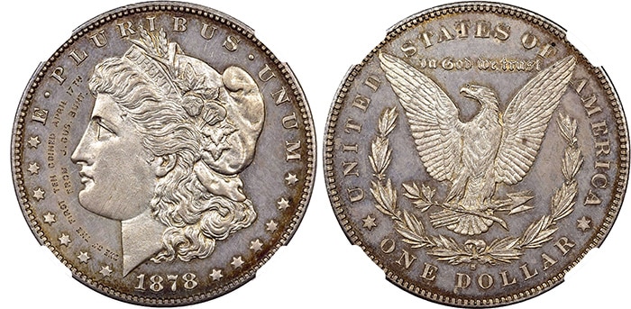 1878-S Morgan dollar, one of the first examples struck.