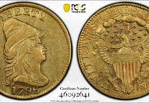 This 1796 No Stars “BD-1” Quarter Eagle is an extremely rare and valuable variety, with the example owned by Harry W. Bass, Jr. grading PCGS AU55 in a September 2022 auction for $312,000. Courtesy of PCGS TrueView.
