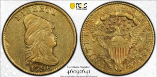 This 1796 No Stars “BD-1” Quarter Eagle is an extremely rare and valuable variety, with the example owned by Harry W. Bass, Jr. grading PCGS AU55 in a September 2022 auction for $312,000. Courtesy of PCGS TrueView.