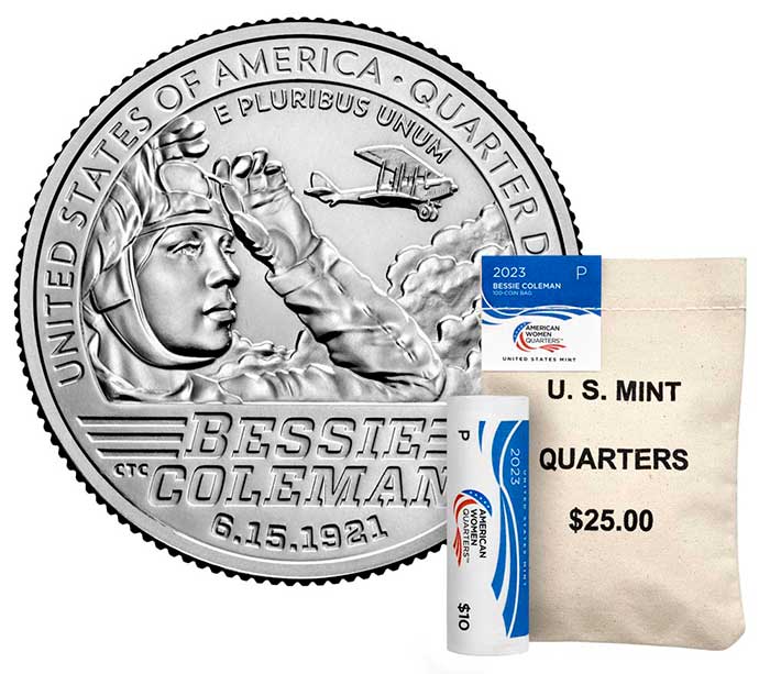 2023 Bessie Coleman quarter reverse with $25 Mint Sewn Bag and $10 Mint Roll. Image: United States Mint.
