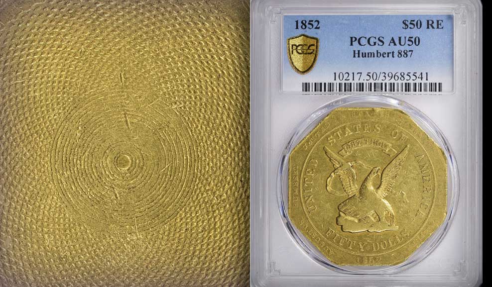 Rare 1852 .887 Humbert Gold $50 Coin Slug Offered by GreatCollections