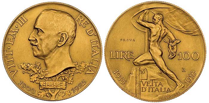 13 – Lot 615: Italy / Casa Savoia. Vittorio Emanuele III. 100 lire PROVA (pattern), Rome 1925. Extremely rare. NGC PF62 MATTE. Estimate: 40,000 euros. Diameter: 35mm.