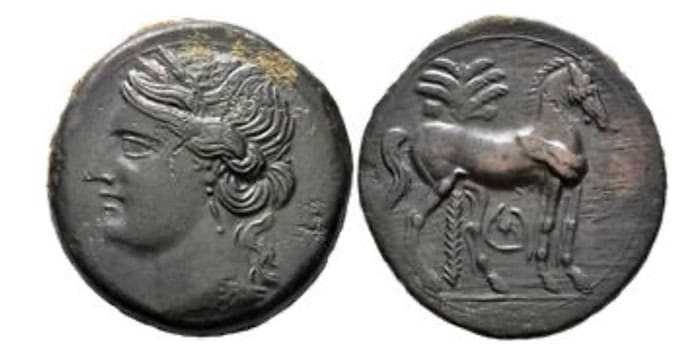 CARTHAGE. Second Punic War. Circa 220-215 BCE. Trishekel (Bronze, 31 mm, 18.72 g, 12 h). The Coins of Carthage During Hannibal's War With Rome
