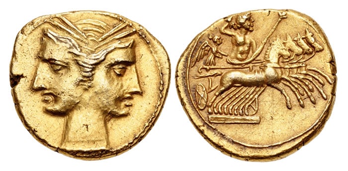 BRUTTIUM, Carthaginian occupation. Circa 215-205 BCE. EL Three-eighths Shekel (15mm, 2.80 g, 1h). Classical Numismatic Group > Triton XXV11 January 2022 Lot: 48 realized: $11,000. The Coins of Carthage During Hannibal's War With Rome