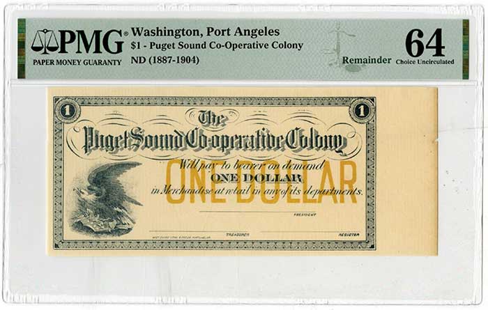 Archives International: Puget Sound Co-operative Colony, ND (ca.1887) Washington Territorial Scrip Note.