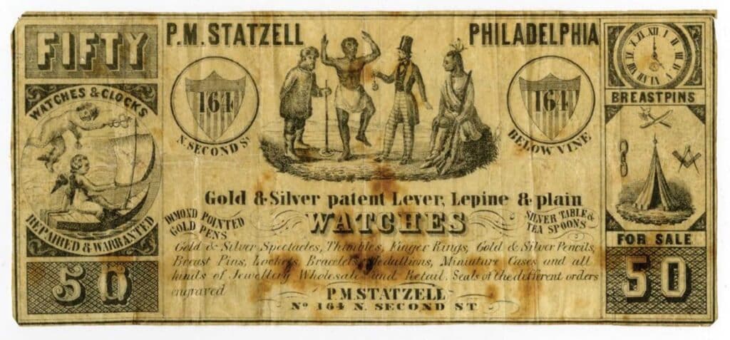 P.M. Statzell, Philadelphia. ND (ca.1850s) Obsolete Advertising Note from Archives International auction.