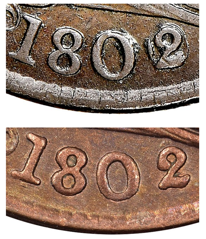 The lack of an underdate is a clear indication that the bottom half cent is counterfeit.