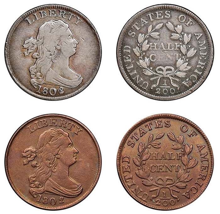 A genuine 1802/0 Half Cent (top) and a counterfeit (bottom).