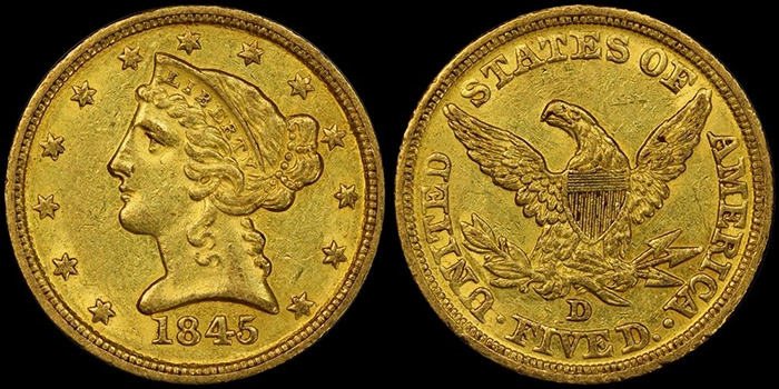1845-D Fairmont $5.00 gold coin. Image: Doug Winter