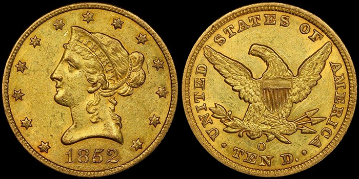 1852-O Ten Dollar Gold Coin. Image: Doug Winter.
