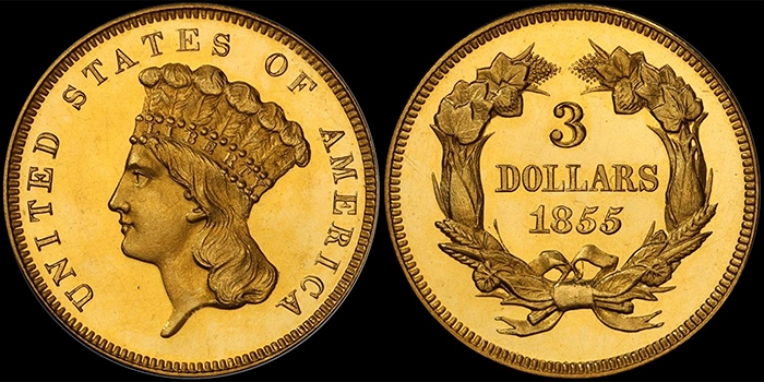 1855 Proof 3 Dollar Gold. PCGS PR65+DCAM. Image: Doug Winter.