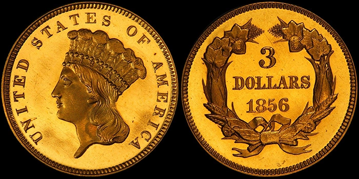 1856 Proof 3 Dollar Gold. PCGS PR65+DCAM. Image: Doug Winter.
