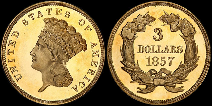 1857 Proof 3 Dollar Gold. PCGS PR66DCAM. Image: Doug Winter.