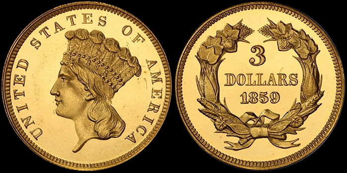 1859 Proof 3 Dollar Gold. PCGS PR66+DCAM. Image: Doug Winter.