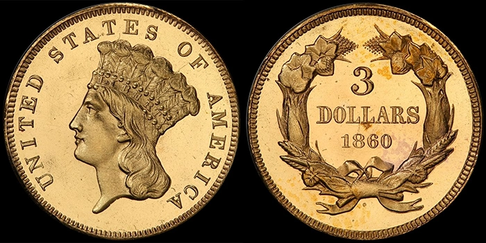 18610Proof 3 Dollar Gold. PCGS PR65CAM. Image: Doug Winter.