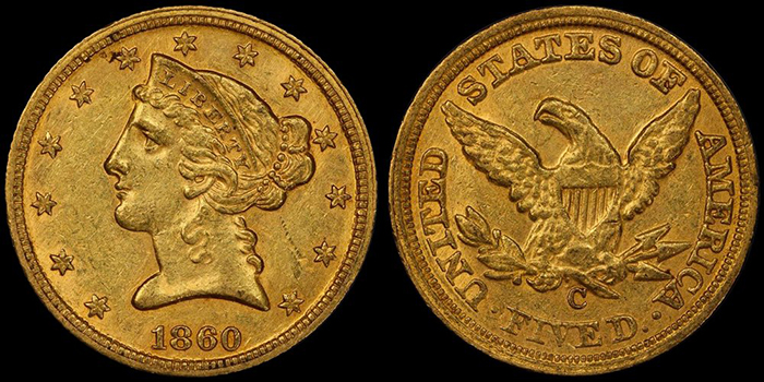 1860-C Five Dollar Gold Coin. Image: Doug Winter.