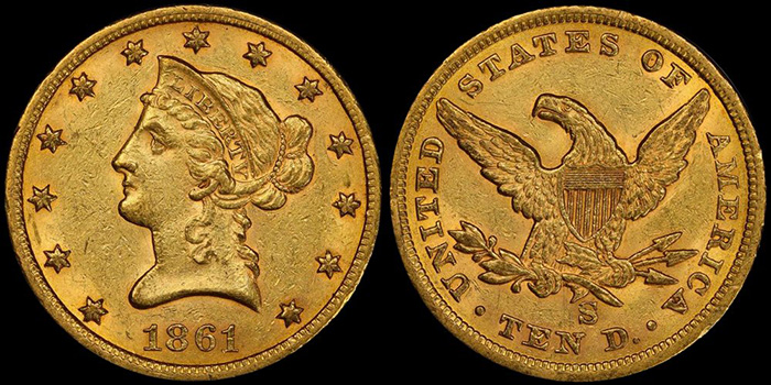 1861-S Gold Ten Dollar coin. Image: Doug Winter.
